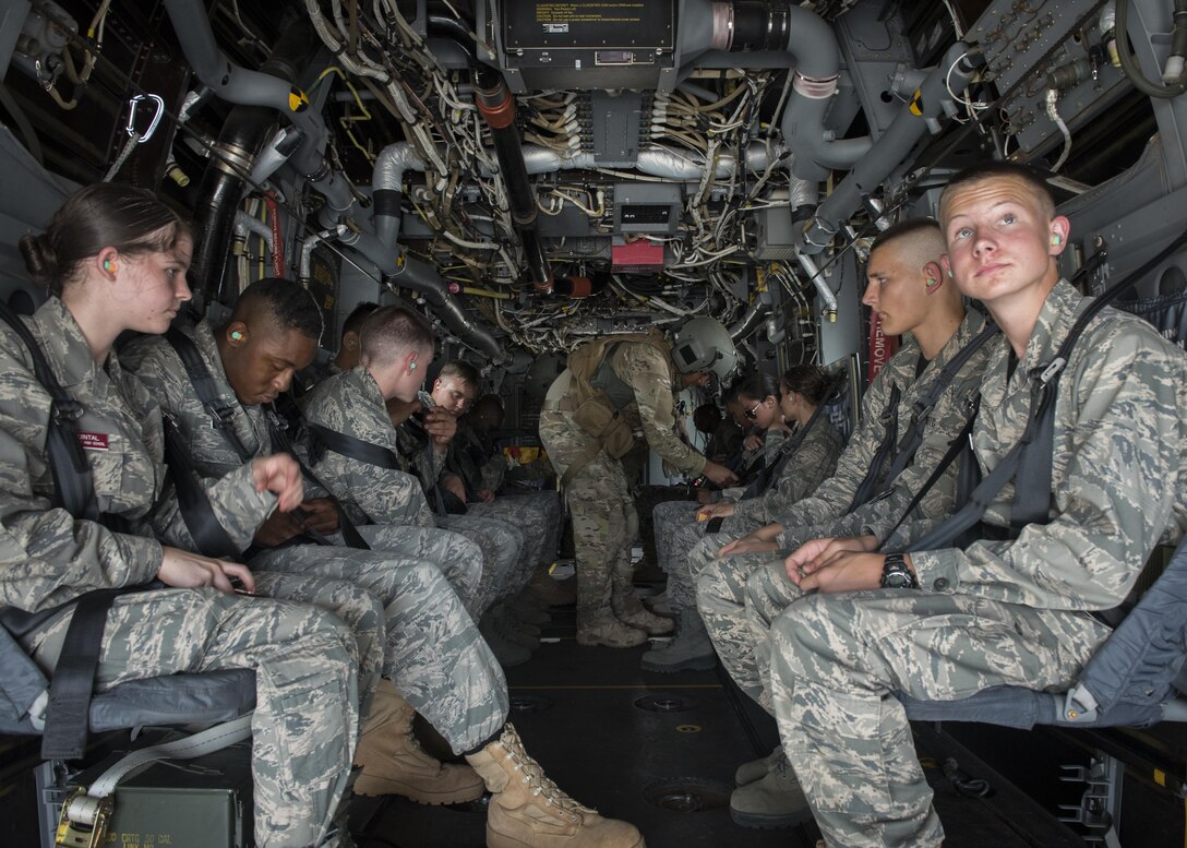 Junior ROTC cadets prepare for a familiarization flight on an 8th Special Operations Squadron CV-22 Osprey tiltrotor aircraft at Hurlburt Field, Fla., June 27, 2017. More than 55 JROTC cadets from nearby high schools flew in a CV-22 and a 15th SOS MC-130H Combat Talon II as part of a JROTC familiarization flight. (U.S. Air Force photo by Airman 1st Class Joseph Pick)