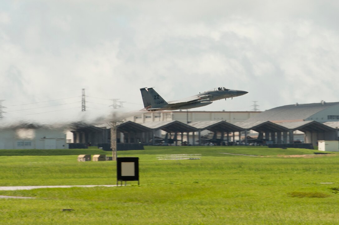 A U.S. Air Force 44th Fighter Squadron F-15 Eagle takes off from Kadena Air Base, June 22, 2017.  Kadena Air Base is the hub of airpower in the Pacific and is the home to the 18th Wing, the U.S. Air Force's largest combat wing. (U.S. Air Force photo/ Airman 1st Class Greg Erwin)