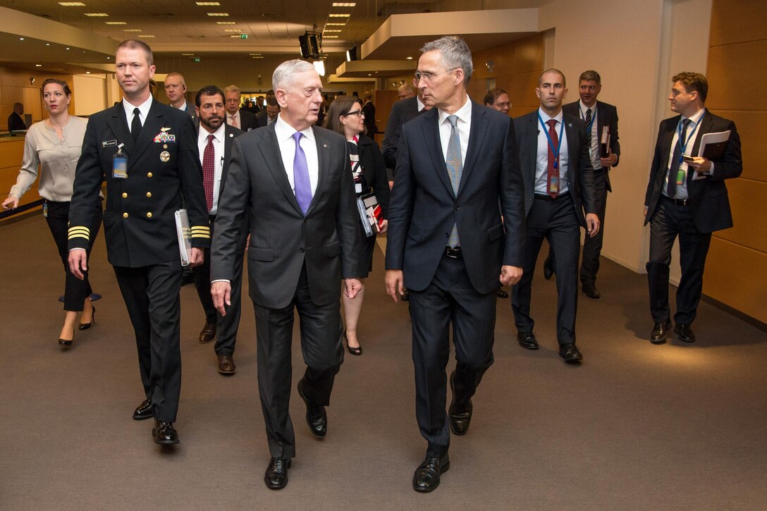 Defense Secretary Jim Mattis meets with NATO Secretary General Jens Stoltenberg at NATO headquarters in Brussels, June 29, 2017. DoD photo by Air Force Staff Sgt. Jette Carr