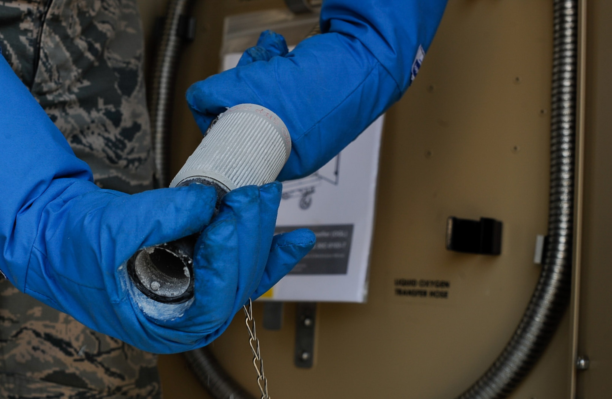 Senior Airman Cody Brown, 86th Medical Support Squadron biomedical maintenance technician operates a liquid oxygen generator on Ramstein Air Base, Germany, June 21, 2017. Ramstein is the first base to use a process that utilizes their own liquid oxygen generator and nitrogen to make portable breathable oxygen for patients, effectively cutting a four-week process to just three days. (U.S. Air Force photo by Airman 1st Class Savannah L. Waters)