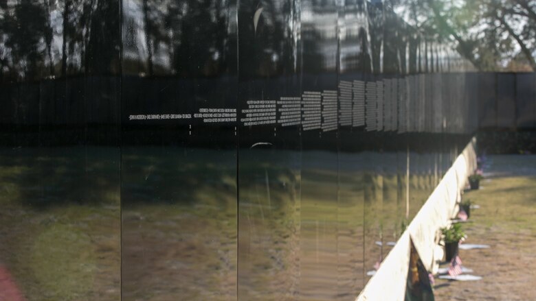 The city of Desert Hot Springs hosted the Moving Vietnam Veterans Memorial Wall at Mission Springs Park in Desert Hot Springs, Calif., June 22 through June 26, 2017. The Moving Wall, a scale model of the original Vietnam Veterans Memorial Wall, has the names of those men and women who were killed or missing in action etched onto a reflective stone, so visitors can not only see the names, but see themselves, reflecting on the lives of the people who fought and died to keep them safe. (U.S. Marine Corps photo by Cpl. Dave Flores)