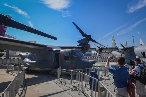 A CV-22 Osprey from the 352nd Special Operations Wing, Royal Air Force Mildenhall, is displayed in the U.S. corral at the Paris Air Show June 20, 2017 at Le Bourget, France. The CV-22 attended the show as a part of continued effort to showcase special operations capability and to engage with our partner nations on an international stage. (U.S. Air Force photo/ Tech. Sgt. Ryan Crane)