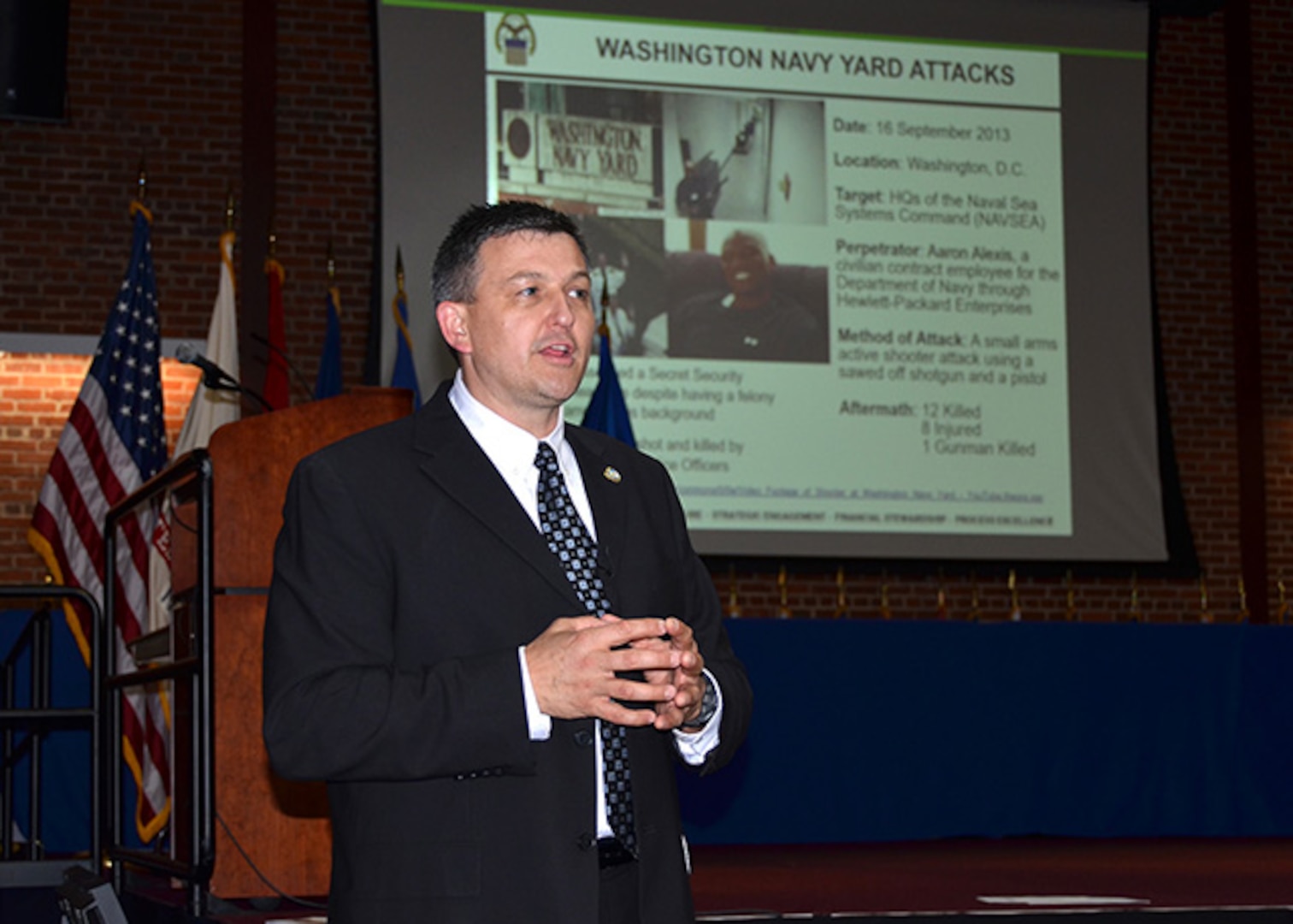 Don Bartlett, criminal intelligence analyst, Defense Logistics Agency Installation Support at Richmond’s Security and Emergency Services Office, discusses recent active shooter events with employees during Active Shooter Awareness and Response Training on Defense Supply Center Richmond, Virginia, June 23, 2017 in the Frank B. Lotts Conference Center. (Photo by Jackie Roberts)