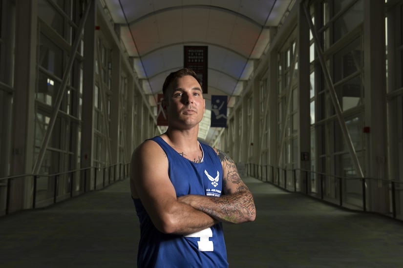 Air Force Tech Sgt. Christopher D’Angelo stands for a photo at McCormick Place where several events in the 2017 Dept. of Defense Warrior Games are being held in Chicago, Ill. June, 29, 2017. D’Angelo is competing is sitting volleyball and track. The DoD Warrior Games are an annual event allowing wounded, ill and injured service members and veterans to compete in Paralympic-style sports. (DoD photo by EJ Hersom)