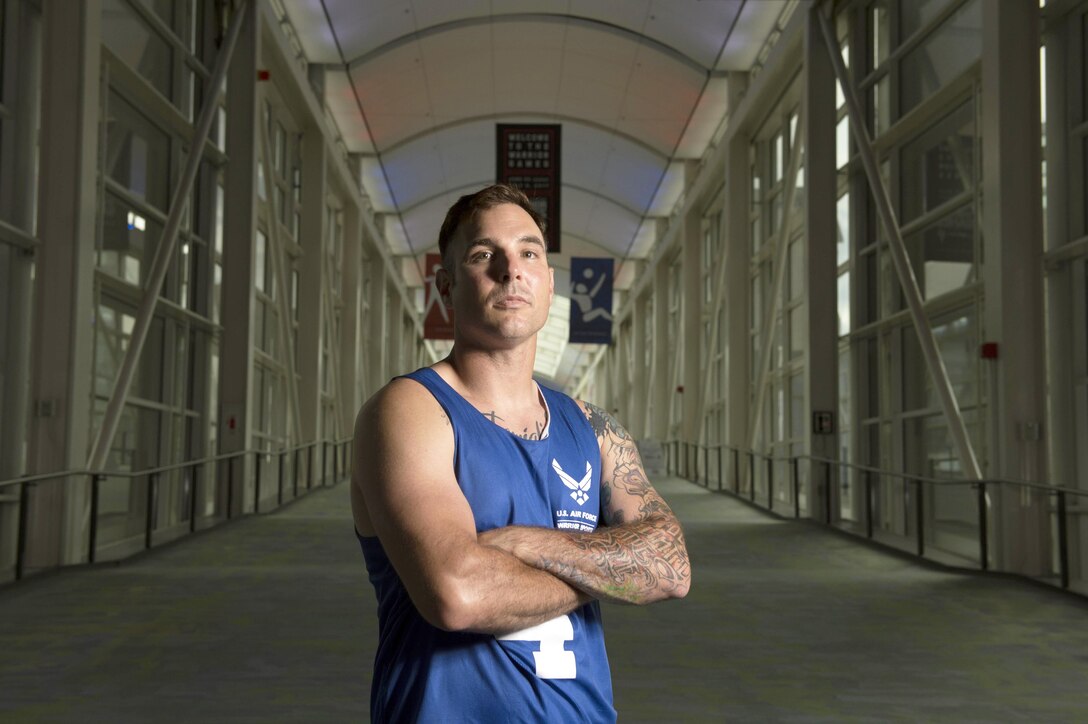 Air Force Tech Sgt. Christopher D’Angelo will compete in sitting volleyball and track during the 2017 Department of Defense Warrior Games in Chicago, June 30-July 8, 2017. DoD photo by EJ Hersom