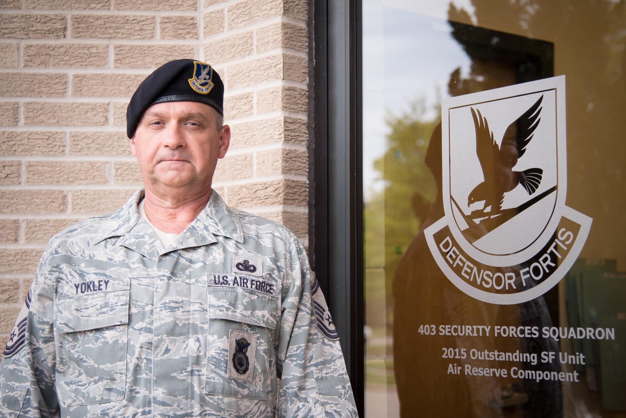 Senior Master Sgt. Ronal Yokley, 403rd Security Force Squadron operations superintendent, at Keesler Air Force Base, Mississippi, has served in the Air Force since 1985 and will retire in July 27, 2017. During his time with the squadron, he has deployed three times to support missions in Afghanistan, Iraq and Kuwait. (U.S. Air Force photo/Staff Sgt. Heather Heiney)
