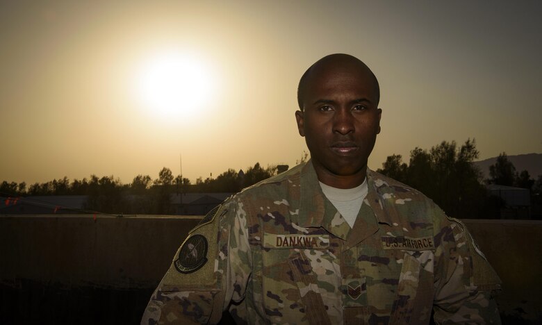 Staff Sgt. Nana Dankwa is a foreign-born Airman who spent most of his early life in Accra, Ghana. He lived with his grandparent’s and moved to America as an adult. After a couple of years, Dankwa joined the U.S. Air Force, eventually becoming a U.S. citizen. Dankwa is a civil engineer deployed out of Dyess Air Force Base, Texas, and is the NCO in charge of civil engineering for the 451st Expeditionary Support Squadron at Kandahar Airfield, Afghanistan. (U.S. Air Force photo by Staff Sgt. Benjamin Gonsier)