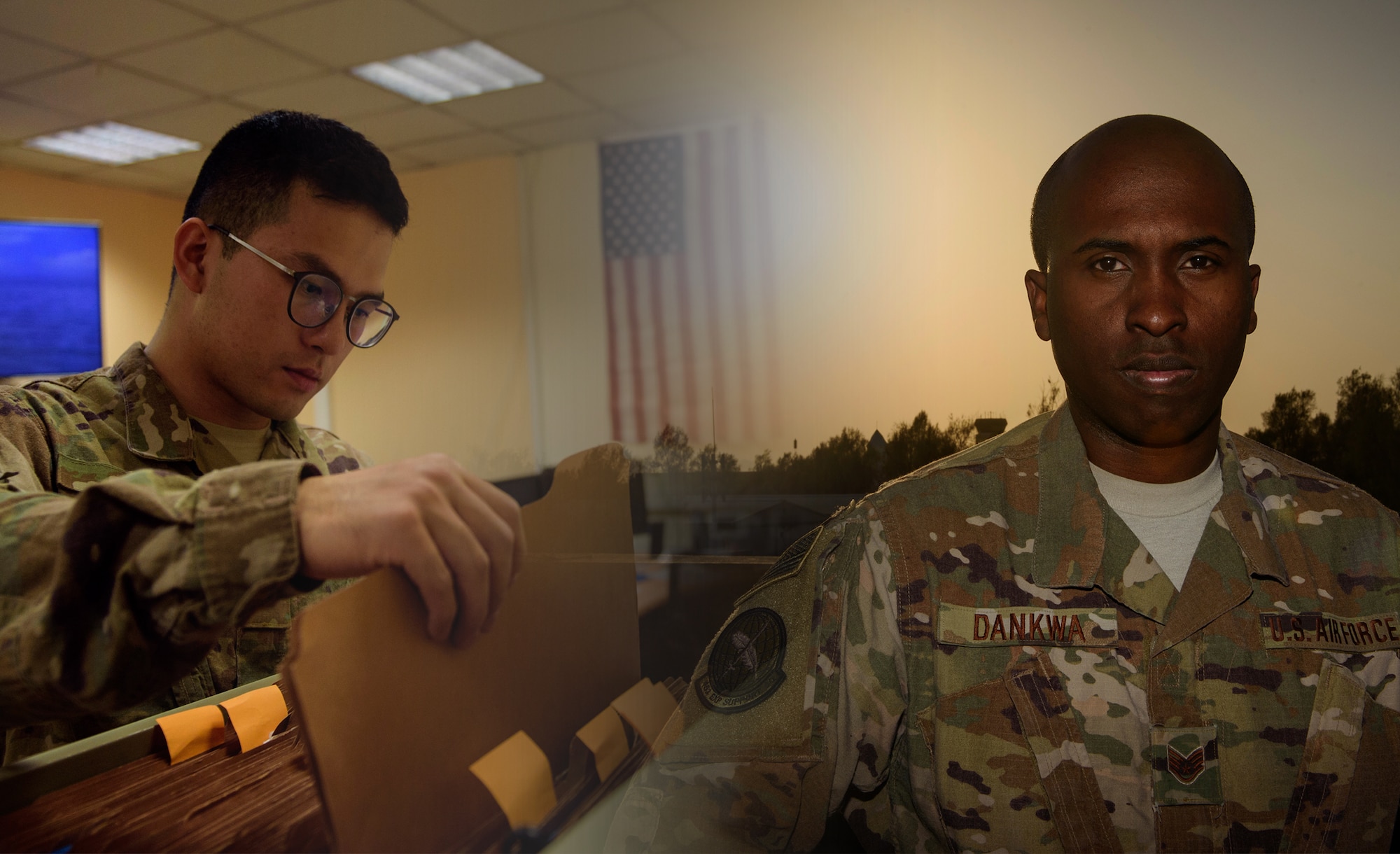 Two Airmen, who are deployed to Kandahar Airfield, Afghanistan, as part of the 451st Expeditionary Support Squadron, are emblematic of the diverse force. Staff Sgt. Nana Dankwa and Airman 1st Class Yongqin Li did not grow up in the United States. They emigrated from their respective countries and gained citizenship while serving in the U.S. Air Force. (U.S. Air Force photo illustration by Staff Sgt. Benjamin Gonsier)
