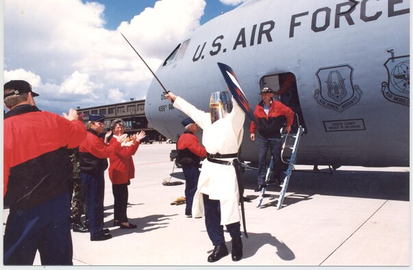 PETERSON AIR FORCE BASE, Colo. - Iron Mike returns victorious from a Guardian Challenge in 1998 as senior wing personnel greet the team’s arrival.  The second costume was an upgrade, compliments of Laird Jeffrey Burn, Old Buittle Castle, Scotland, who worked with Dr. David Bullock, 21st Space Wing History Office chief, on the project. (Courtesy photo)