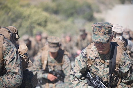 U.S. Marines and Sailors with Combat Logistics Battalion 5, Combat Logistics Regiment 1, 1st Marine Logistics Group participate in a conditioning hike on Camp Pendleton, Calif., June 27, 2017. The Marines have multiple conditioning hikes to prepare for Mountain Exercise 4-17 which will be conducted at the Marine Corps Mountain Warfare Training Center in Bridgeport, Calif. (U.S. Marine Corps photo by Lance Cpl. Timothy Shoemaker)