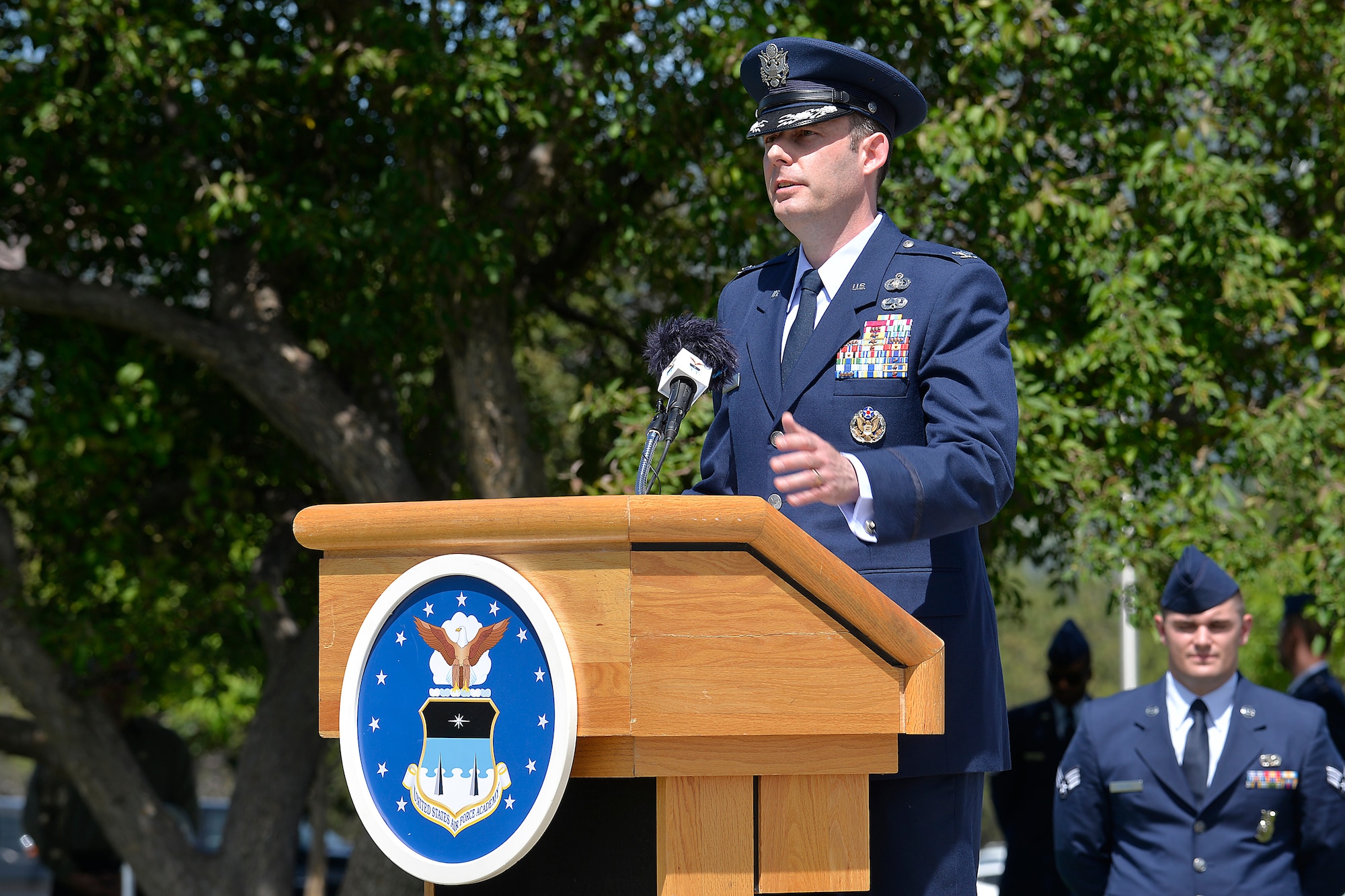 Col. Shawn Campbell speaks after taking command of the 10th Air Base Wing June 20, 2017, at the U.S. Air Force Academy. (U.S. Air Force photo/Darcie Ibidapo)