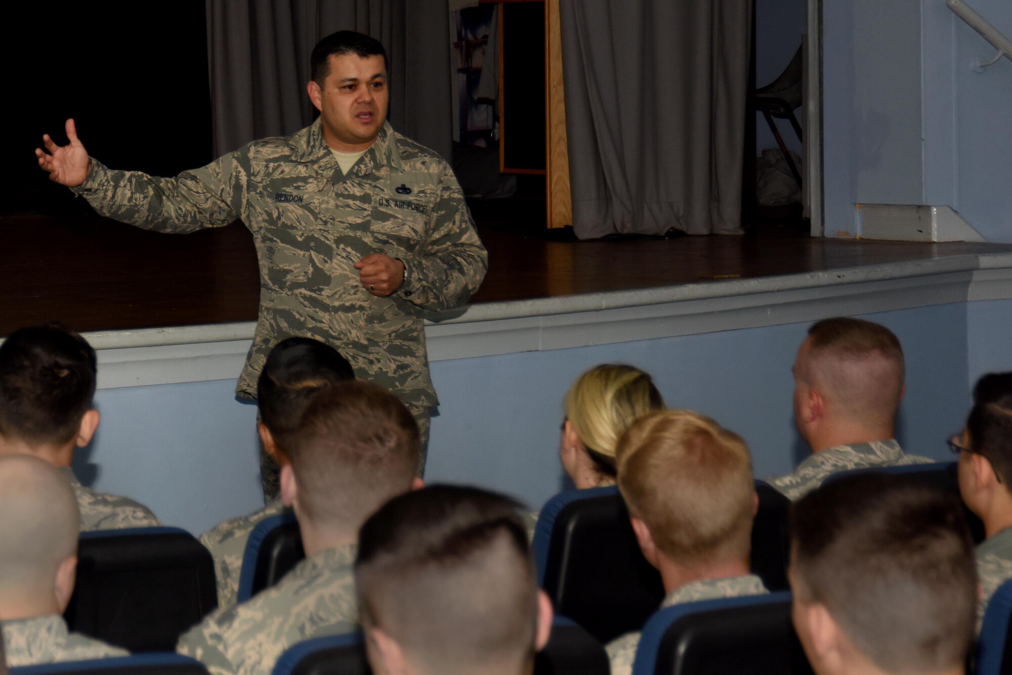 Chief Master Sgt. Ernesto J. Rendon, the 48th Fighter Wing command chief master sergeant, speaks to Airman attending Airman Leadership School at Royal Air Force Lakenheath, England, June 29. June 2017 was Rendon’s first month as the Liberty Wing command chief. (U.S. Air Force photo/Airman 1st Class Abby L. Finkel) 