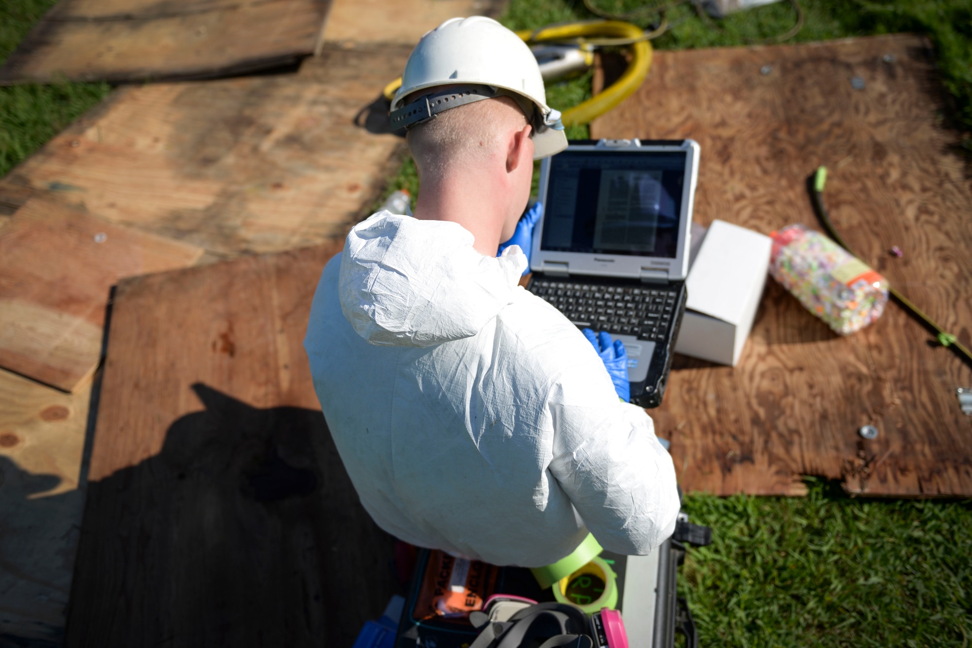 Senior Airman Wesley Garnes, 19th Maintenance Squadron aircraft structural maintainer, tracks the work completed on the C-130J tail static display June 27, 2017, at Little Rock Air Force Base, Ark. The corrosion control department of aircraft structural maintenance tracks 70 different chemical variations. (U.S. Air Force photo by Airman Rhett Isbell)