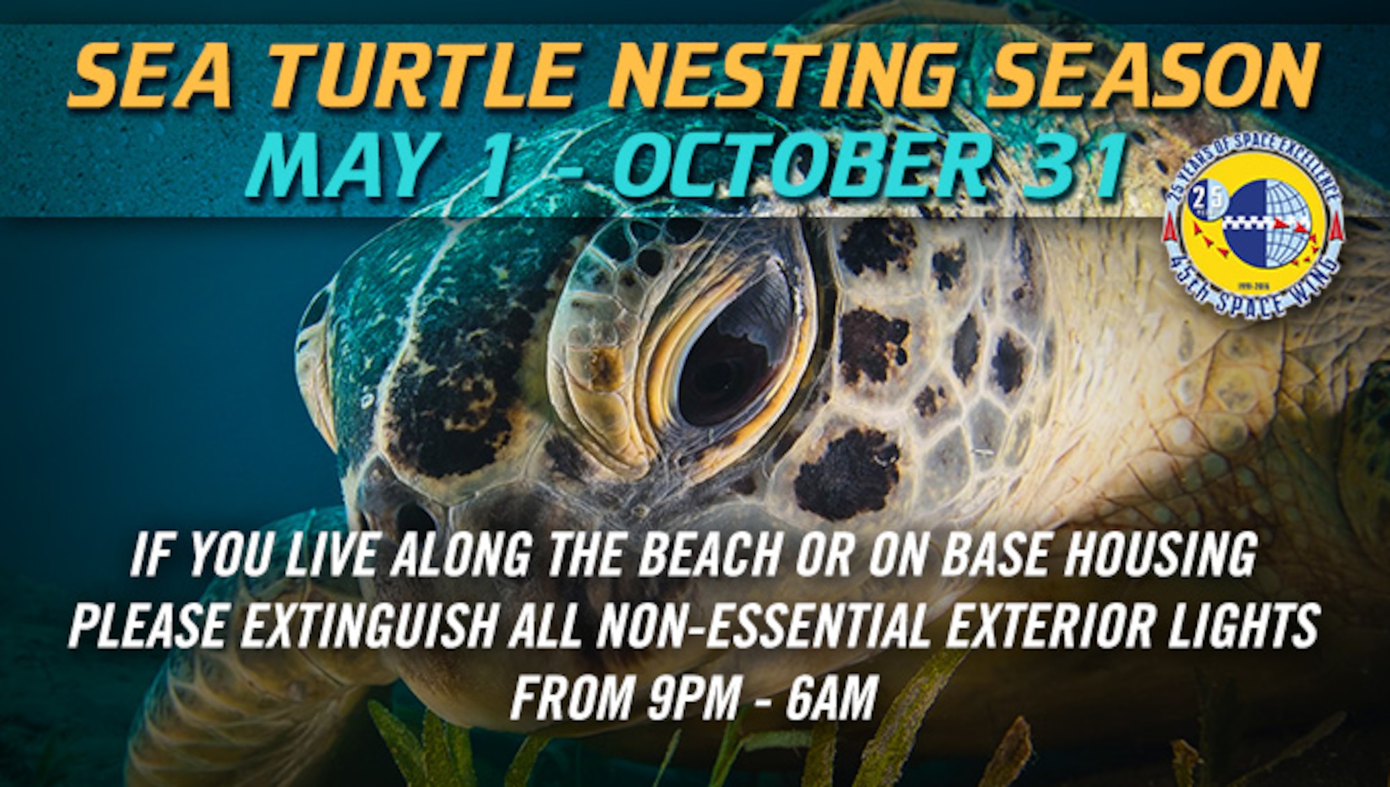 Sea turtle nesting season occurs annually from May 1 to Oct. 31.  The more than 3,000 threatened and endangered loggerhead, green and leatherback sea turtle nests normally deposited on Patrick Air Force Base and Cape Canaveral Air Force Station, account for five percent of all sea turtle nests in the state of Florida.  The 45th Space Wing’s exterior lighting policy requires all non-essential lights be turned off during the nesting season. (U.S. Air Force graphic by James Rainier) 
