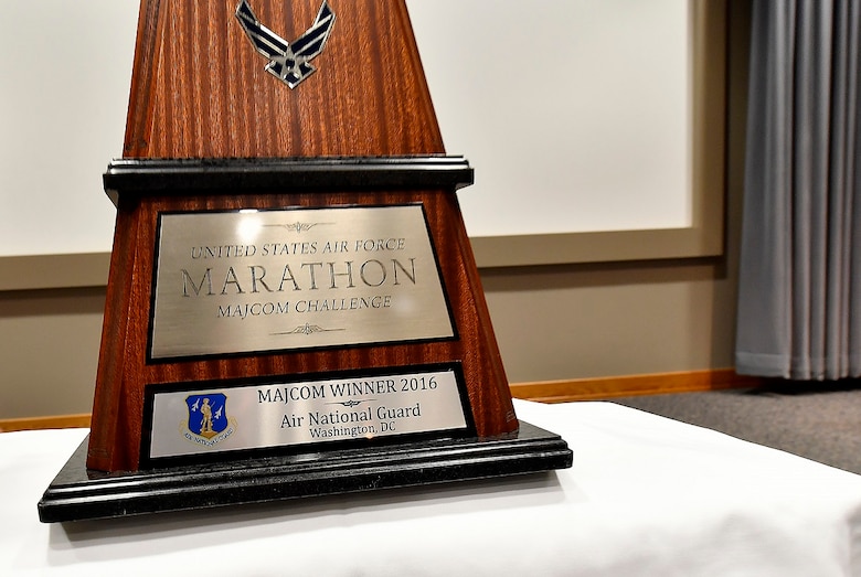 WRIGHT-PATTERSON AIR FORCE BASE, Ohio – A close-up view of the 2016 Air Force Marathon MAJCOM Challenge trophy presented to the Air National Guard team June 27, 2017, during the annual CORONA Top conference held at Headquarters Air Force Materiel Command. The presentation took place before a crowd of the Air Force’s senior leadership gathered here for a series of top-level meetings. The MAJCOM Challenge serves as a friendly service-wide competition that challenges each major command to encourage its respective Airmen to participate in the annual race. This year’s 21st annual Air Force Marathon is scheduled for Sept. 16, 2017. (U.S. Air Force photo/Scott M. Ash)