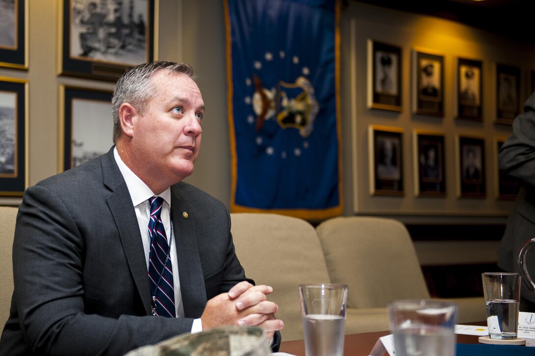 Mike O’Toole, STARBASE, listens during a discussion in the Wing Conference Room in the Norma Brown building on Goodfellow Air Force Base, Texas, June 27, 2017. Department of Defense STARBASE focuses on elementary students, primarily fifth graders. The goal is to motivate them to explore Science, Technology, Engineering and Math as they continue their education. (U.S. Air Force photo by Senior Airman Scott Jackson/Released)