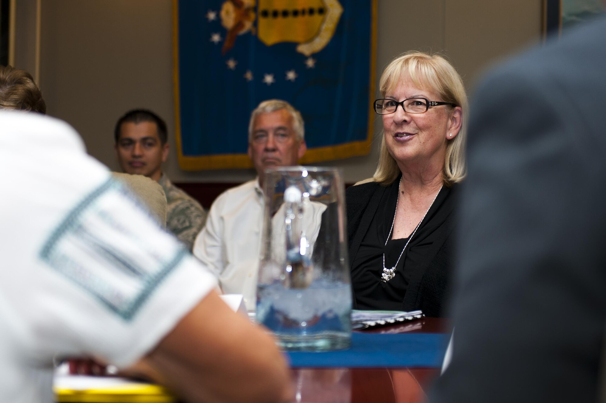 Barbara Koscak, STARBASE, talks during a meeting on STARBASE in the Wing Conference Room in the Norma Brown building on Goodfellow Air Force Base, Texas, June 17, 2017. The military volunteer teachers will apply abstract principles to real world situations by leading tours and giving lectures on the use of STEM in different settings and careers. Since the STARBASE academies are located in different branches of the military this experience is highly varied. (U.S. Air Force photo by Senior Airman Scott Jackson/Released)