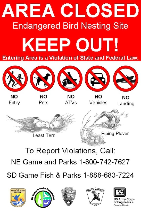 Graphic of the closure signs posted on some sandbars.  Interior least terns and piping plovers nest on the sandbars from May through August each year.