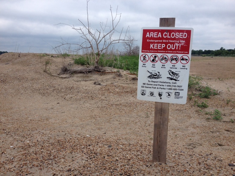 A sandbar along the Missouri River with a posted closure sign.  Some signs may be moved or damaged due to vandalism, so people using the sandbars for recreation are encouraged to exercise caution and keep a look out for signs as well as bird nests and eggs.