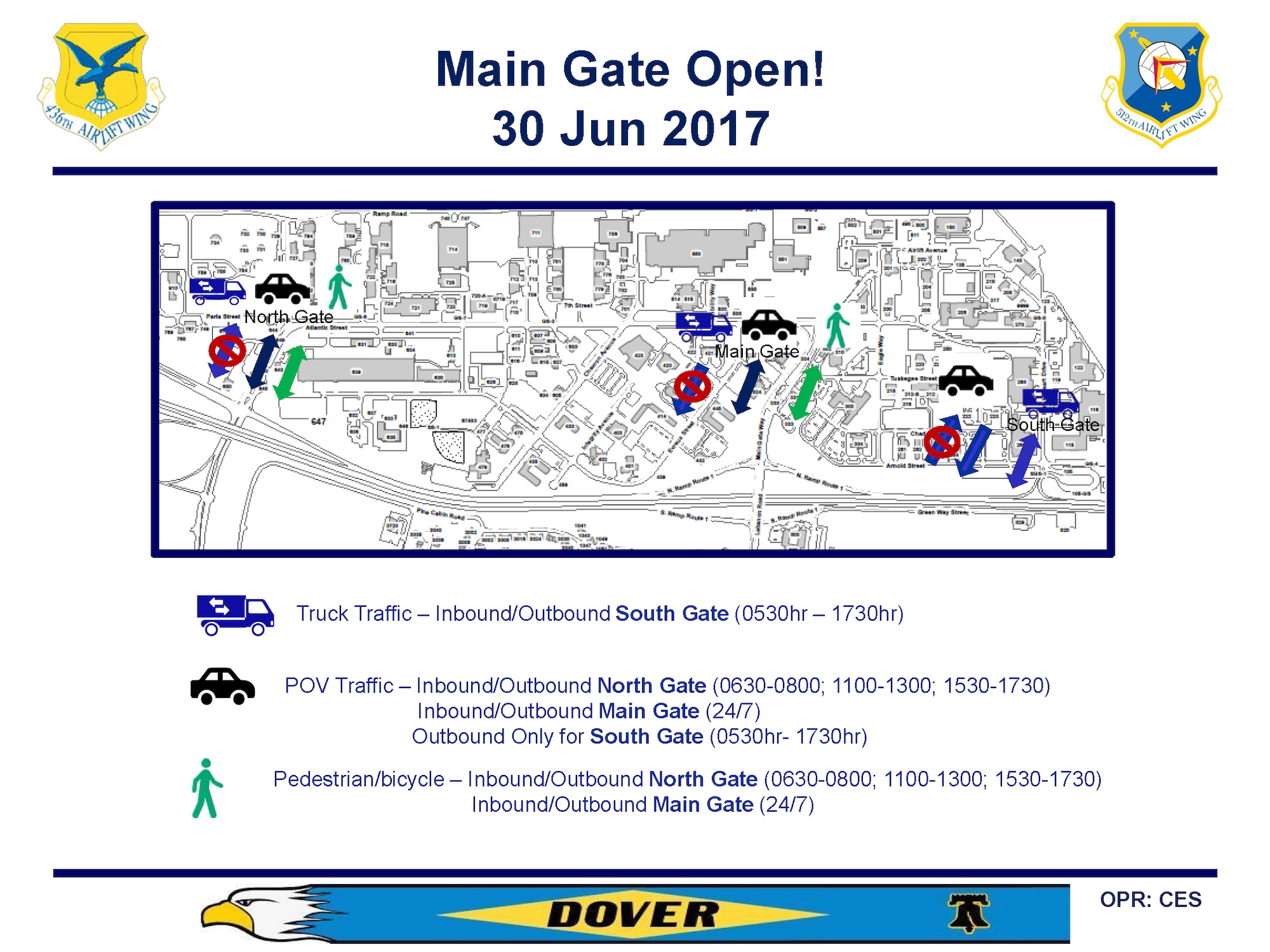 The new and standardized traffic patterns and times for Dover Air Force Base’s three gates. (Courtesy graphic)