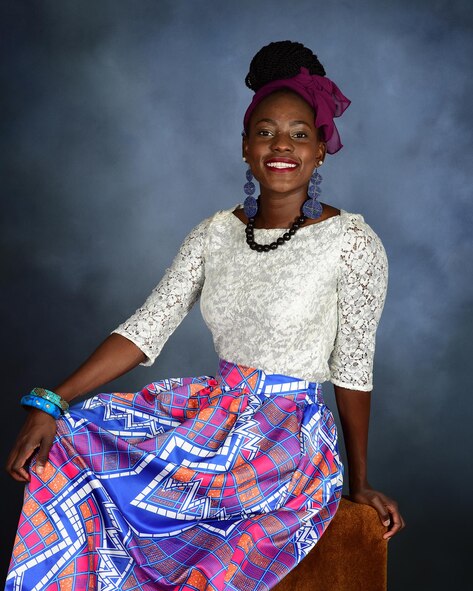 First Lt. Fiona Akoth, 14th Student Squadron Student Pilot, is dressed in her traditional Kenyan attire June 26, 2017, at Columbus Air Force Base, Mississippi. Akoth is originally from a small city on the edge of Lake Victoria in Africa. (U.S. Air Force photo by Elizabeth Owens)