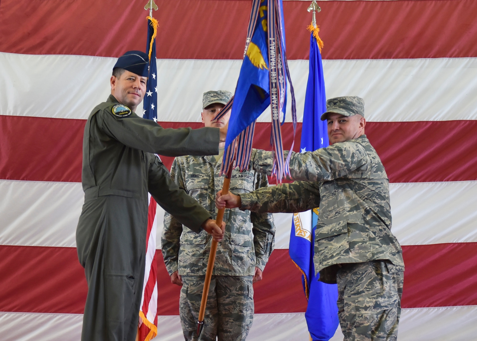 U.S. Air Force Col. Michael Hernandez, 325th Fighter Wing commander (left), presents the 325th Mission Support Group guidon to the incoming 325th MSG commander, Col. Matthew Jefson (right), during the 325th MSG Change of Command ceremony at Tyndall Air Force Base, Fla., June 30, 2017. Jefson previously served as the Deputy Director of Basing, Office of the Assistant Secretary of Defense (Energy, Installations, and Environment).The primary mission of the 325th Mission Support Group is to provide mission support and combat-ready Airmen to Team Tyndall and worldwide expeditionary forces. These support services and activities include civil engineering, security, communications, personnel, services, contracting, supply, and transportation support, for 23,000 active duty, civilian, dependent, and retired personnel. (U.S. Air Force photo by Senior Airman Dustin Mullen/Released)