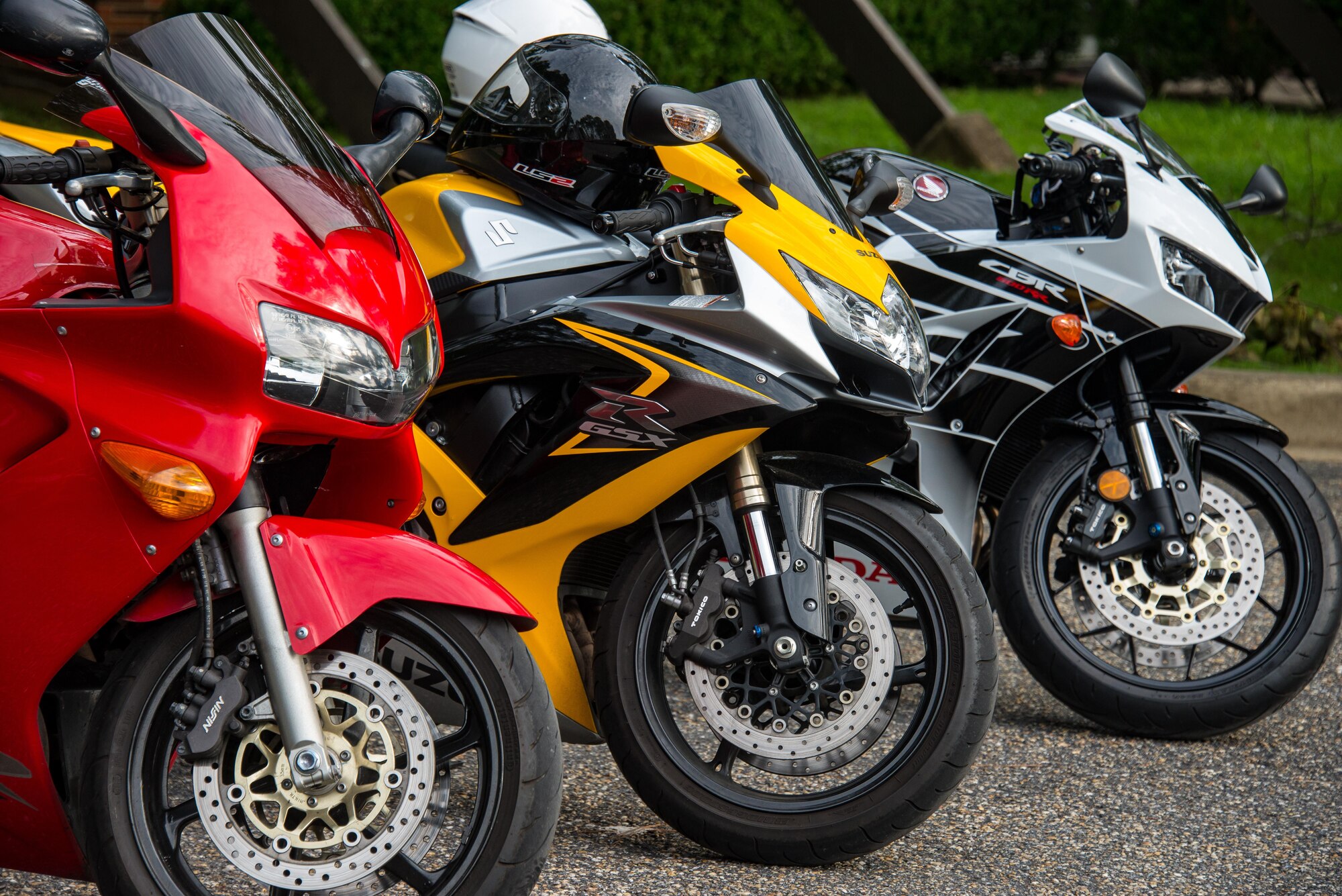 Sports bikes line a parking lot on Maxwell Air Force Base, Ala., during Motorcycle Safety Day, June 27, 2017. There are currently more than 28,000 Airmen that are registered motorcycle riders associated with Maxwell AFB. (US Air Force photo/Melanie Rodgers Cox/Released)