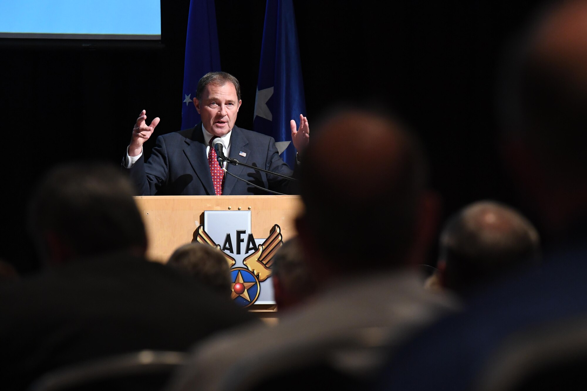 Utah Gov. Gary Herbert addresses attendees at the Focus on Defense Symposium June 21 at the Eccles Conference Center in Ogden. The symposium’s theme was “Sustaining the Nuclear Triad” and speakers included aerospace industry, military, and political leaders. The event was co-hosted by the Air Force Association and Air Force Sustainment Center. (U.S. Air Force/R. Nial Bradshaw)