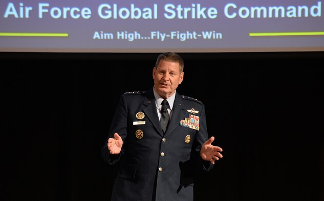Gen. Robin Rand, Commander, Air Force Global Strike Command, addresses attendees as the last speaker during the Focus on Defense Symposium June 21 at the Eccles Center in Ogden, Utah. The symposium focused on how industry partners and government leaders view and respond to nuclear triad agile sustainment and life cycle logistics support in today’s environment.  (U.S. Air Force/Alex R. Lloyd)