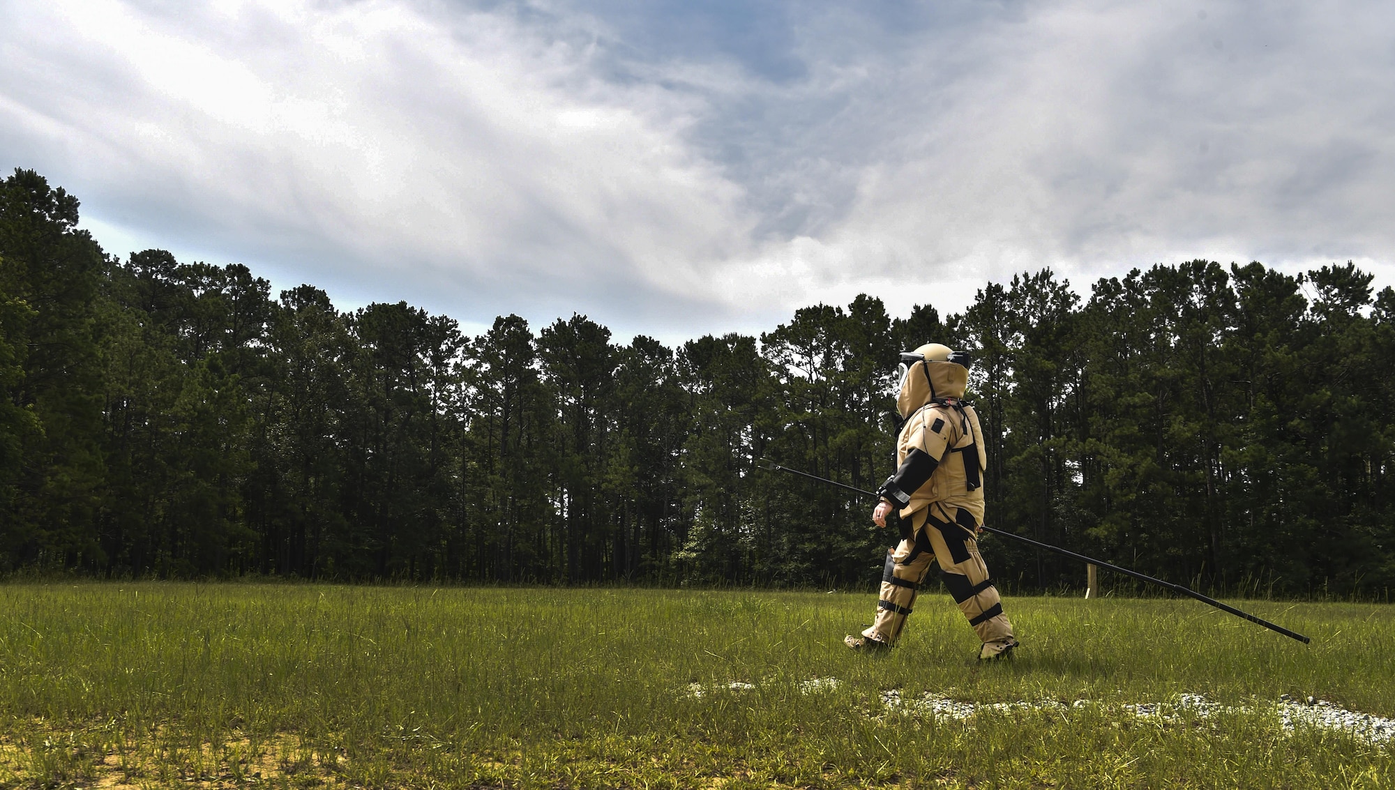 Senior Airman Dylan Babb, 628th Civil Engineer Squadron explosive ordnance disposal technician, walks in a bomb suit during an EOD training exercise, June 27, 2017. EOD trains consistently to sharpen their skills and readiness. 