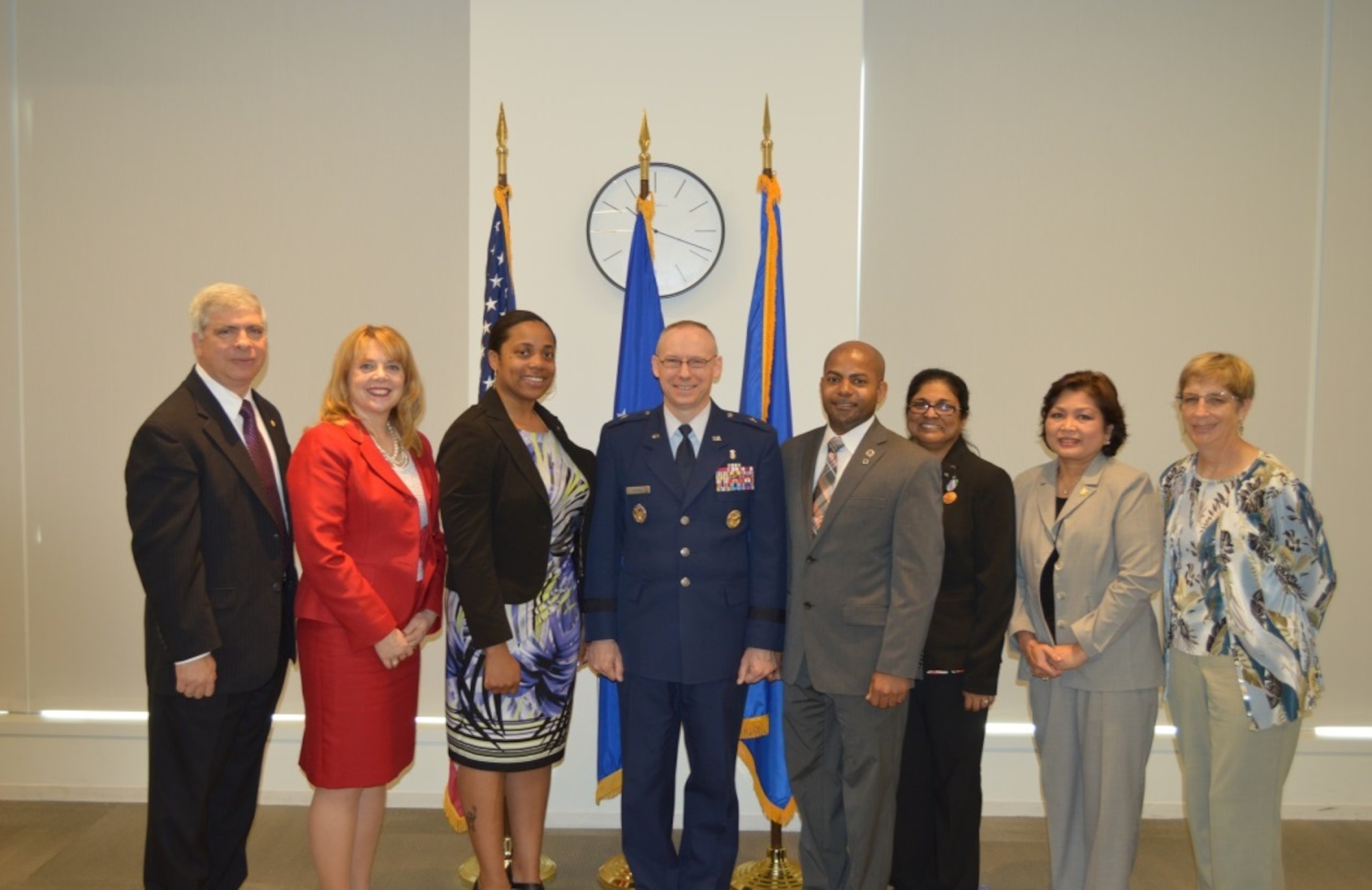 The Air Force Surgeon General Directorate of Manpower, Personnel, and Resources held a first of its kind Civilian Recognition and Promotion Ceremony on June 20, 2017, at the Defense Health Headquarters in Falls Church, Va. Pictured from left to Right: Mr. Robert Talcovitz, Ms. Patricia Dorsey, Ms. Jahleen Wright, Brig. Gen. James Burks, Mr. PJ Drayton, Ms. Judy Wright, Ms. Amalia Bozoki, Ms. Linda Wyse.