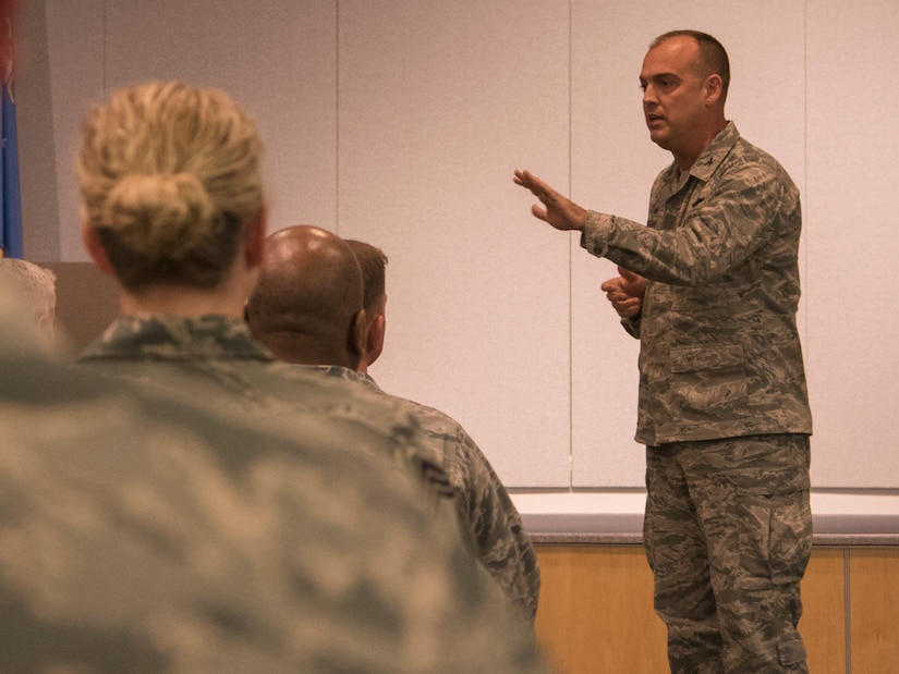 Col. Edward Vaughan, 156th Airlift Wing commander, speaks to audience members during a Lesbian, Gay, Bisexual and Transgender Pride Month special observance titled ‘LGBT: I am an American Airman’ at Joint Base Andrews, Md., June 29, 2017. The pride month is a stance against discrimination and violence toward the LGBT community by promoting equal rights, increasing visibility as a social group, and celebrating sexual diversity and gender variance. (U.S. Air Force photo by Airman 1st Class Valentina Lopez)