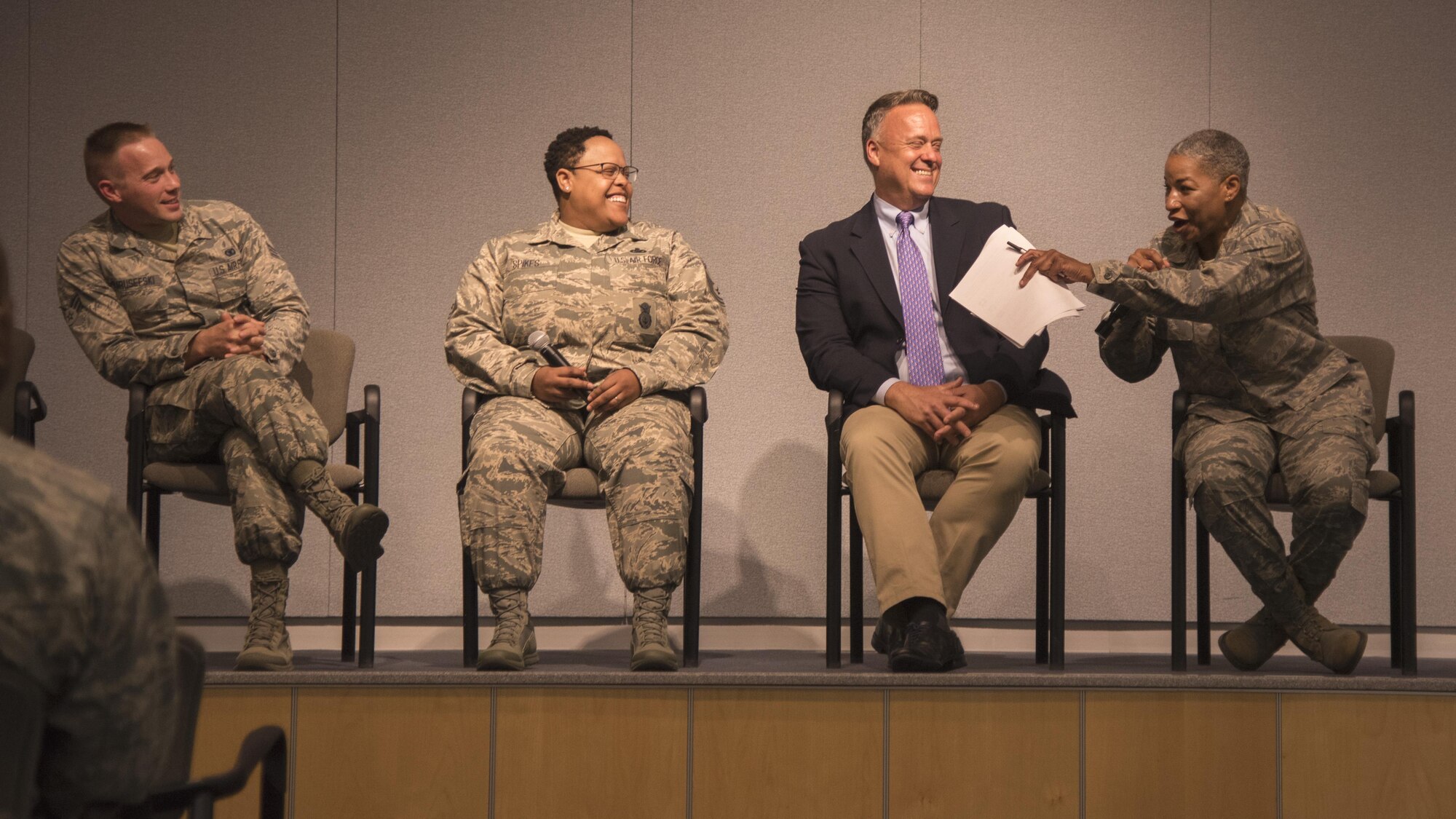 Four service members talk about their experience of being gay in the military during a Lesbian, Gay, Bisexual and Transgender Pride Month special observance panel discussion at Joint Base Andrews, Md., June 29, 2017. The LGBT Month observance goal was to educate the community and encourage a supportive, safe and respectful work environment for all service members, regardless of sexual orientation or gender identity. (U.S. Air Force photo by Airman 1st Class Valentina Lopez)