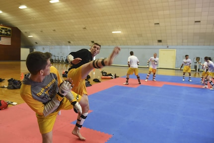 Army Pvt. Nicklas Poland, an infantryman with the Colorado Army National Guard, employs an axe kick to Spc. Phillip Moses, a combat engineer with the South Carolina Army National Guard, during a sparring drill June 26, 2017, at Fort Indiantown Gap, Pennsylvania. Poland and Moses are part of 2017's All-Army Taekwondo Team, training for the U.S. National Taekwondo Championship and subsequent matches. 