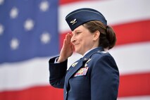 Col. Jennifer Grant renders her first salute to members of the 50th Space Wing after assuming command Friday, June 30, 2017 at Schriever Air Force Base, Colorado. Grant was preceded by Col. DeAnna Burt. (U.S. Air Force photo/Dennis Rogers)