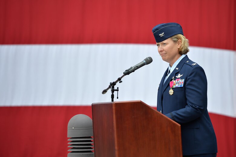 Col. DeAnna Burt, former 50th Space Wing commander, relays her final thoughts and thanks to the members of Air Force Space Command leadership, Schriever Air Force Base, and the 50 SW during the wing change of command ceremony at Schriever Air Force Base, Colorado, Friday, June 30, 2017. Burt passed on the command to Col. Jennifer Grant. (U.S. Air Force photo/Dennis Rogers)