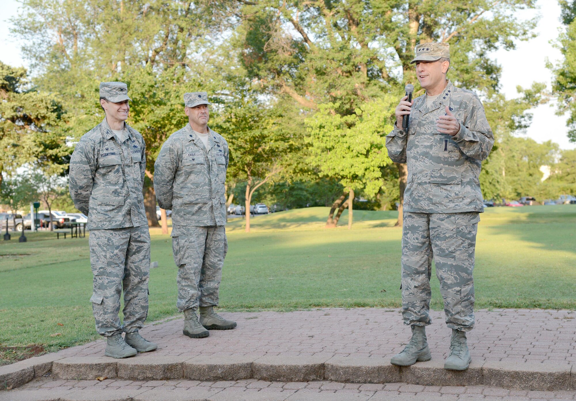 Air Force Sustainment Center Commander Lt. Gen. Lee K. Levy II thanked participants, sponsors, volunteers and 72nd Mission Support Group Commander Col. Mark Vitantonio and Lt. Col. Eagle, 72MSG vice commander, before the start of Tinker's 75th Anniversary Golf Tournament June 23 at the Tinker Golf Course.