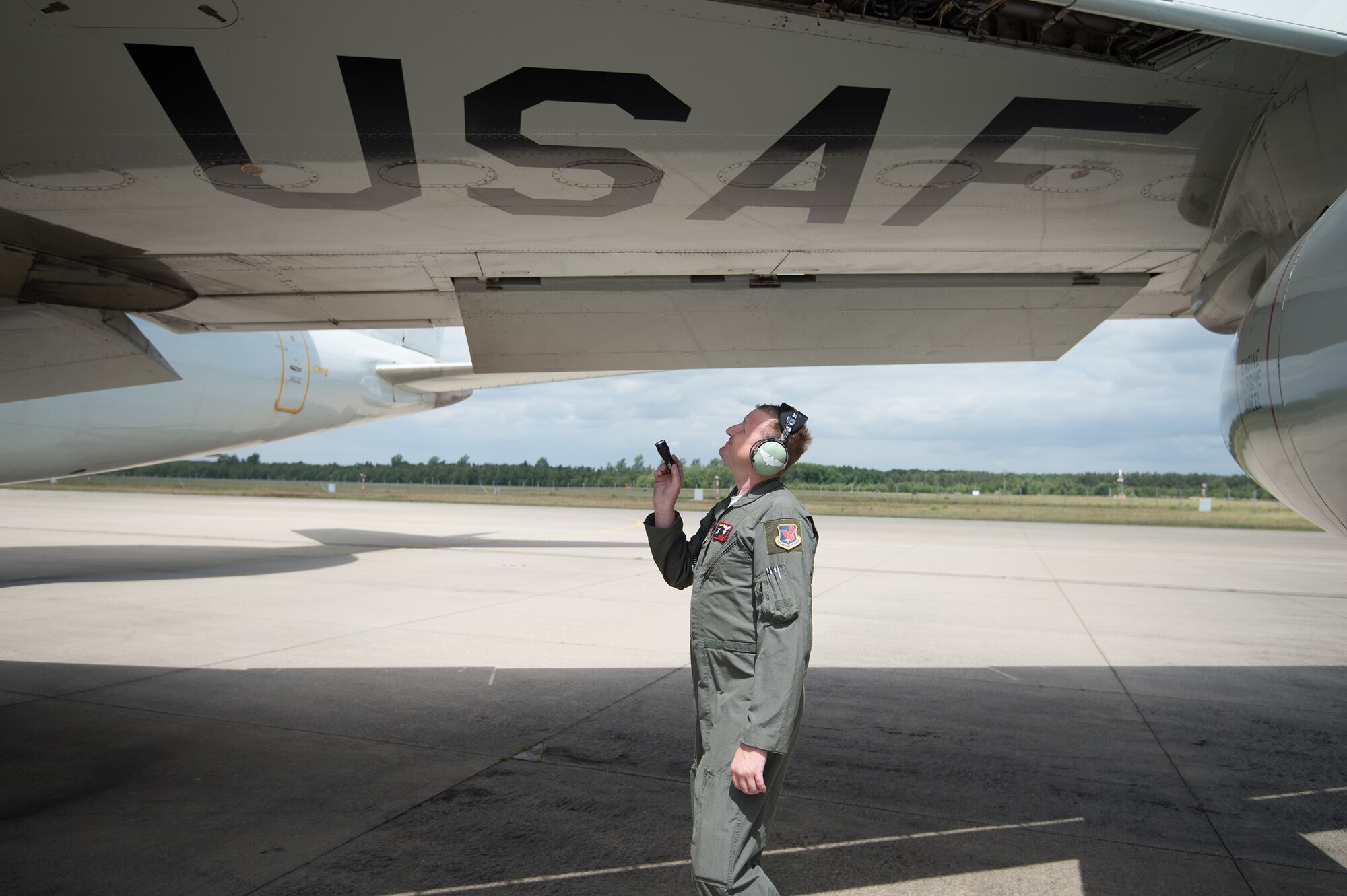 Staff Sgt. Jesse Egert, a flight engineer assigned to the 970th Airborne Air Control Squadron, performs a pre-flight inspection of an E-3 Sentry Airborne Warning and Control System aircraft June 12, 2017, at NATO Air Base Geilenkirchen, Germany, prior to a mission supporting the BALTOPS 2017 exercise. The E-3 Sentry and nearly 100 Reservists from the 513th Air Control Group are deployed in support of BALTOPS 2017, which is the first time a U.S. E-3 Sentry has supported a NATO exercise in 20 years. (U.S. Air Force photo/2nd Lt. Caleb Wanzer)