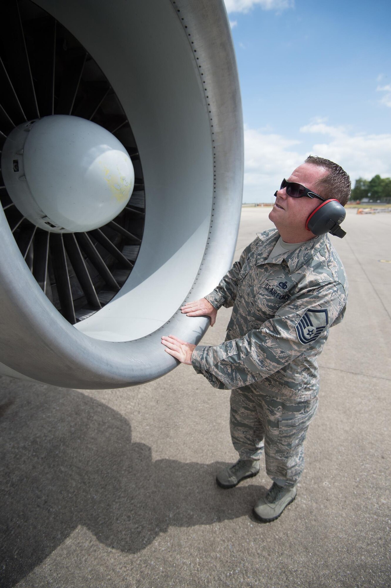 Master Sgt. Brian Finley, a jet engine specialist assigned to the 513th Maintenance Squadron, performs an inspection of an E-3 Sentry engine on June 12, 2017, prior to a mission supporting the BALTOPS 2017 exercise at NATO Air Base Geilenkirchen, Germany. The E-3 Sentry and nearly 100 Reservists from the 513th Air Control Group are deployed in support of BALTOPS 2017, which is the first time a U.S. E-3 Sentry has supported a NATO exercise in 20 years. (U.S. Air Force photo/2nd Lt. Caleb Wanzer)