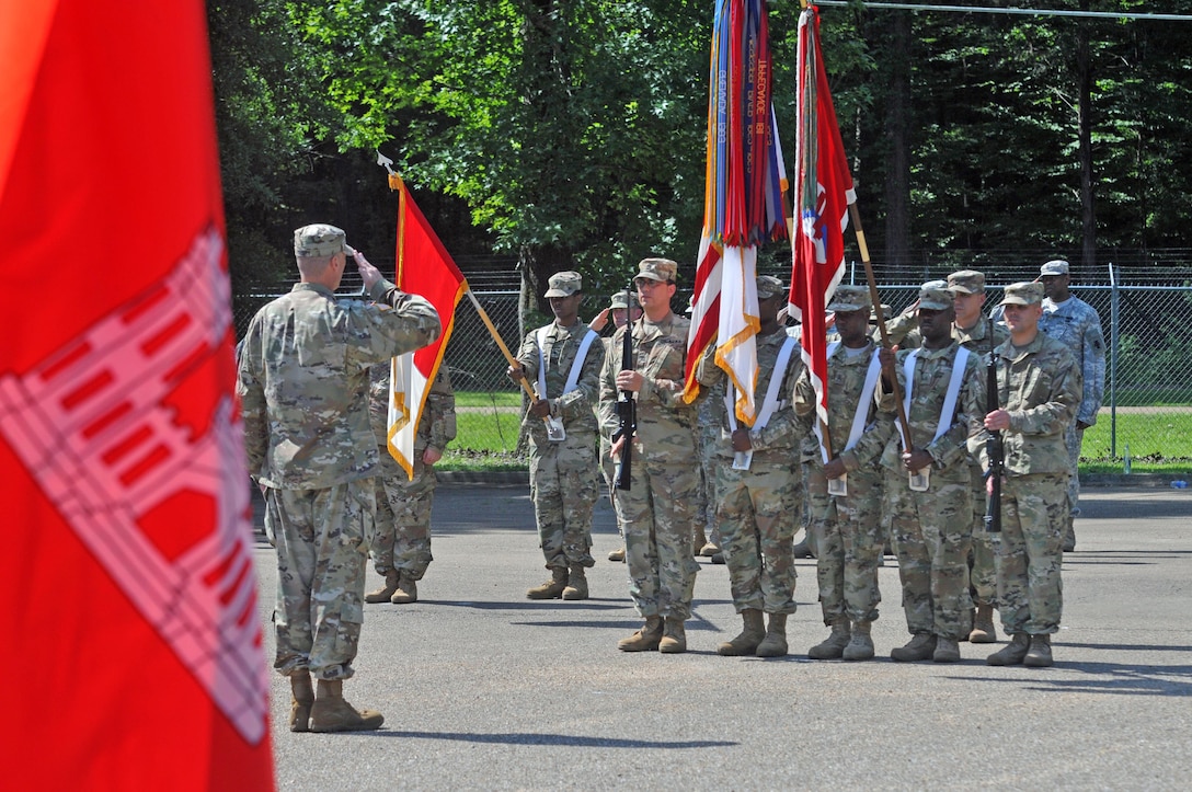 U.S. Army Reserve Col. Wyatt Lowery, chief of staff, 412th Theater Engineer Command based in Vicksburg, Miss., presents arms as he assumes the role of Commander of Troops during a change of responsibility and retirement ceremony at the George A. Morris Army Reserve Center in Vicksburg, Miss., June 10, 2017. (U.S. Army Reserve Photo by Sgt. 1st Class Clinton Wood)