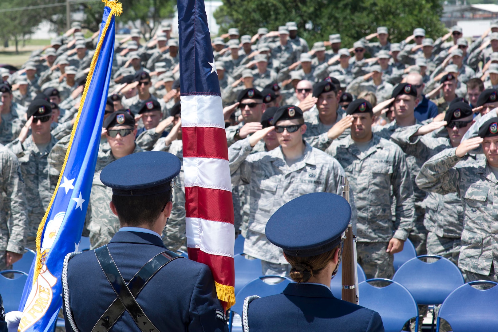 Members of the Joint Base San Antonio Honor Guard present the colors during the Tactical Air Control Party Memorial Rededication Ceremony outside the 353rd Battlefield Airmen Training Squadron at the JBSA-Lackland Medina Annex June 23, 2017. The TACP mission is to defeat the enemy through the use of airpower while protecting ground forces and non-combatants from the effects of friendly air to ground attacks. 