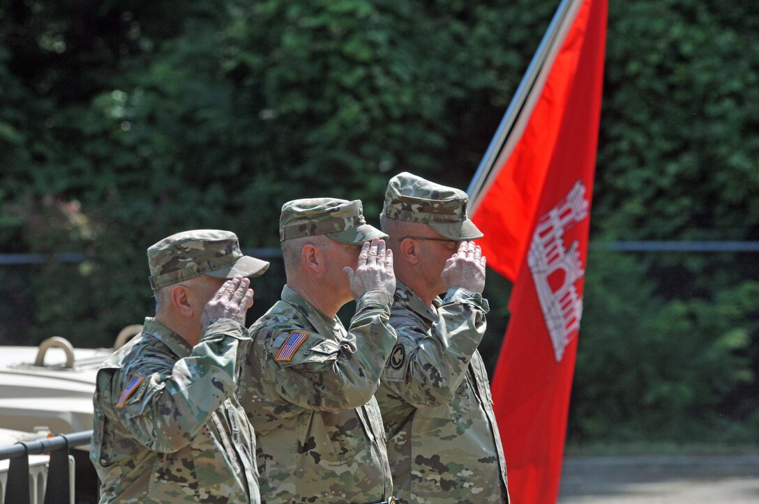 U.S. Army Reserve Command Sgt. Maj. Richard E. Castelveter, left, Brig. Gen. Daniel J. Christian and Command Sgt. Maj. Dennis E. Law were the official party for the 412th Theater Engineer Command's change of responsibility and retirement ceremony at the George A. Morris Army Reserve Center in Vicksburg, Miss., June 10, 2017. Christian, acting commander of  the 412th Theater Engineer Command, officiated the ceremony where Castelveter passed the reigns as senior enlisted adviser to Law. Castelveter retires after more than 35 years of honorable service. (U.S. Army Reserve Photo by Sgt. 1st Class Clinton Wood)