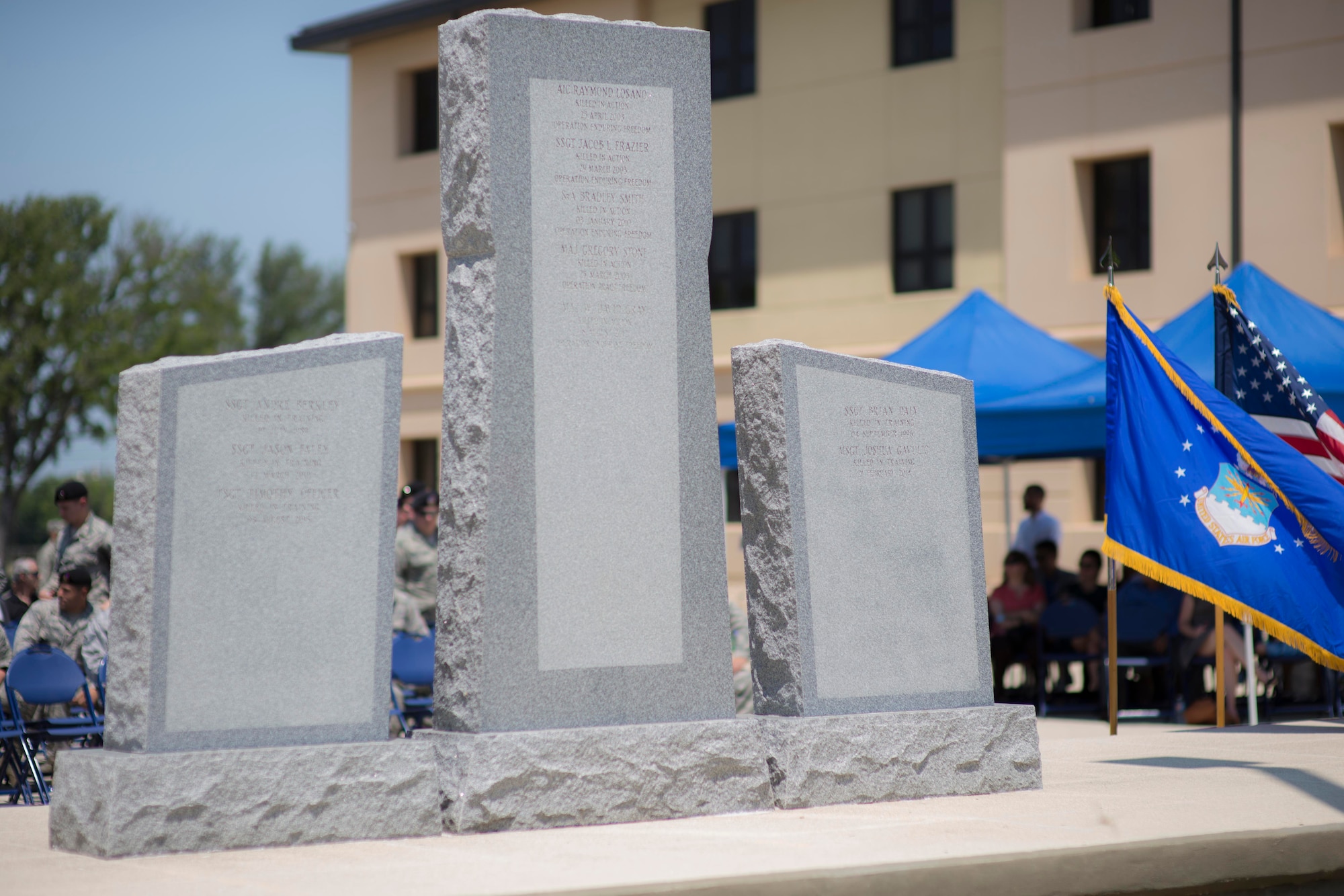 The backside of the Tactical Air Control Party Reunion Memorial, where the names of fallen TACPs are etched, is pictured outside the 353rd Battlefield Airmen Training Squadron at the Joint Base San Antonio-Lackland Medina Annex. June 23, 2017. Since their creation, TACPs have always answered duty’s call and have been involved in every major military operation involving United States forces.