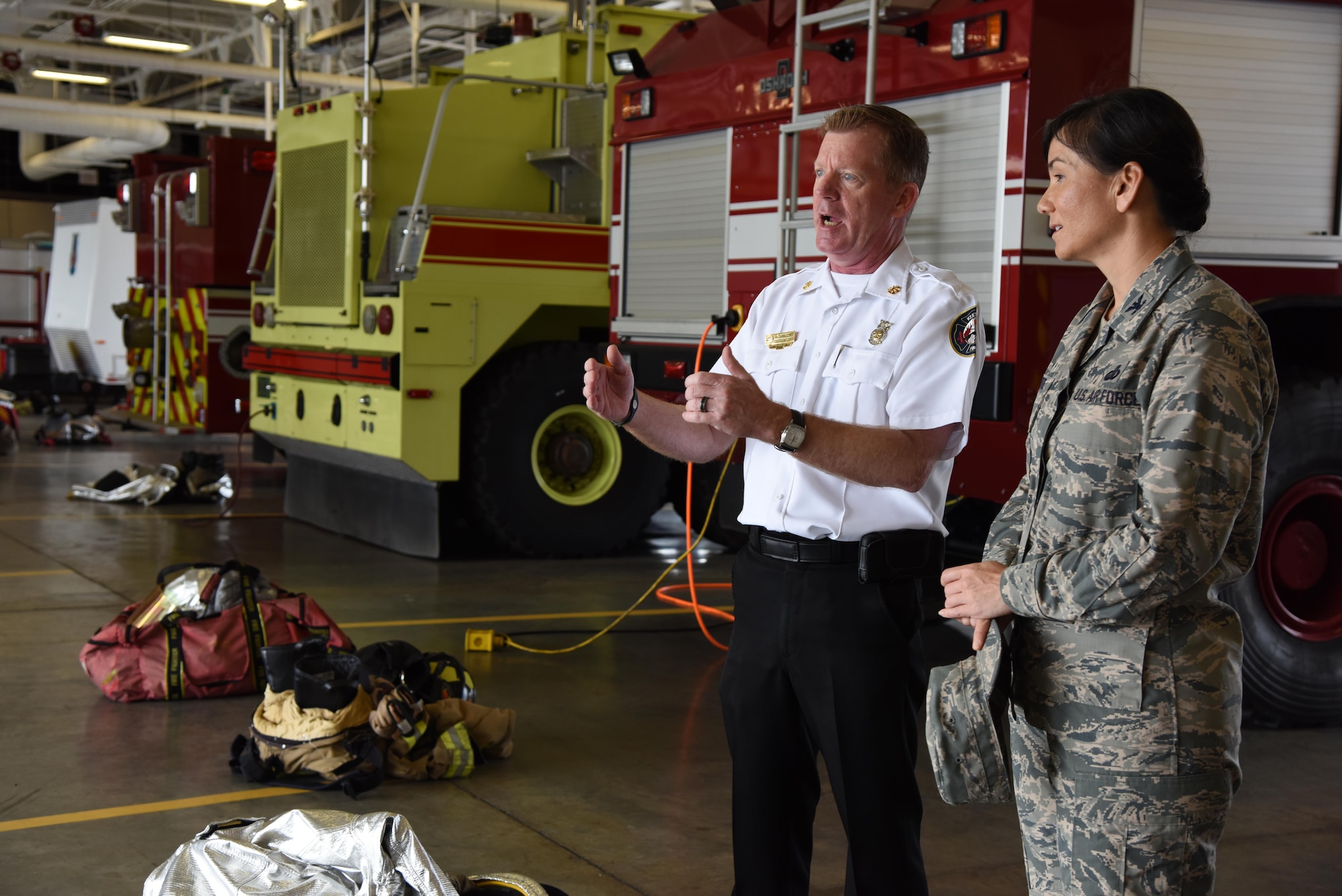 Gary Pierson, 81st Infrastructure Division deputy fire chief, provides a tour of the fire department to Col. Debra Lovette, 81st Training Wing commander, during a 81st Mission Support Group orientation tour June 29, 2017, on Keesler Air Force Base, Miss. The tour familiarized Lovette with the group’s mission, operations and personnel. (U.S. Air Force photo by Kemberly Groue)