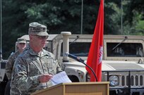 U.S. Army Reserve Command Sgt. Maj. Dennis E. Law, incoming senior enlisted adviser for the 412th Theater Engineer Command told the Command that he is not replacing outgoing Command Sgt. Maj. Richard E. Castelveter because he can't be replaced during a Change of Responsibility and retirement ceremony at the George A. Morris U.S. Army Reserve Center in Vicksburg, Miss., June 10, 2017. (U.S. Army Reserve Photo by Sgt. 1st Class Clinton Wood)
