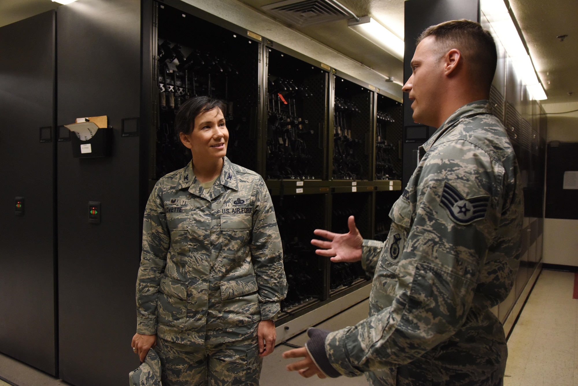Staff Sgt. Matthew Keel, 81st Security Forces Squadron combat arms instructor, provides a tour of the armory to Col. Debra Lovette, 81st Training Wing commander, at the 81st SFS building during a 81st Mission Support Group orientation tour June 29, 2017, on Keesler Air Force Base, Miss. The tour familiarized Lovette with the group’s mission, operations and personnel. (U.S. Air Force photo by Kemberly Groue)