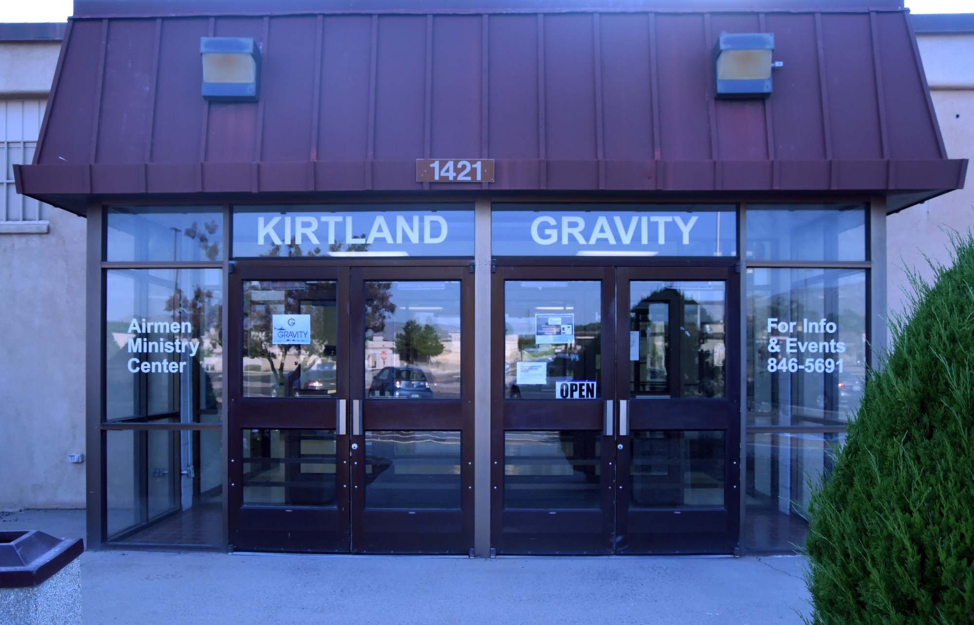 The Entrance to the Gravity Airman Ministry Center at Kirtland Air Force Base, New Mexico. Gravity is a place airmen can hang out without the influence of alcohol or drugs. Airmen can relax, hang out, and develop new and existing friendships (U.S. Air Force Photo by Senior Airman Chandler Baker)