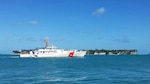 The crew of the Coast Guard Cutter Oliver Berry (WPC 1124) cruises out of Key West, Fla.,following the cutter's delivery to the Coast Guard, June 27, 2017. The Oliver Berry is the 24th Fast Response Cutter to be delivered to the service and will homeport in Honolulu. 
