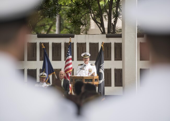 170630-N-LY160-0201 PEARL HARBOR (June 30, 2017) - Cmdr. Gabriel A. Answeeuw, commanding officer, Los Angeles-class fast-attack submarine USS Greeneville (SSN 772), addresses guests during a change of command ceremony at the USS Parche Submarine Park and Memorial in Joint Base Pearl Harbor-Hickam. (U.S. Navy photo by Mass Communication Specialist 2nd Class Michael Lee/Released)