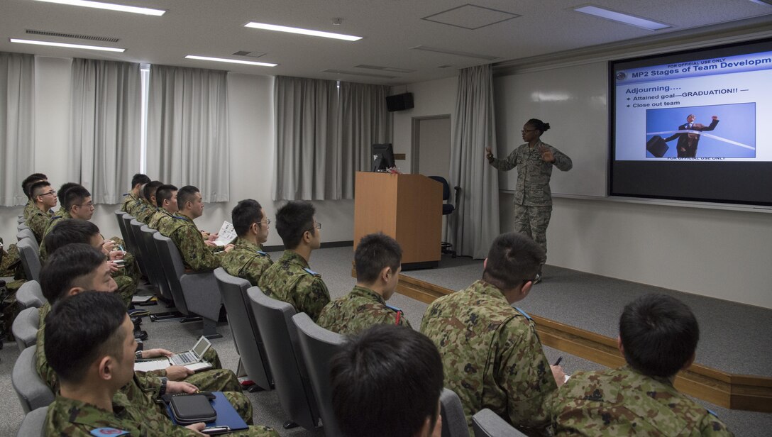 U.S. Air Force Staff Sgt. Jasmine Carraway, a 35th Force Support Squadron Airmen Leadership School instructor, teaches a class of Japan Ground Self-Defense Force soldiers leadership skills at Misawa Air Base, Japan, Feb. 23, 2017. According to Master Sgt. Christopher Price, the 35th FSS ALS commandant, teaching effective leadership skills helps service members handle obstacles that may challenge them. (U.S. Air Force photo by Airman 1st Class Sadie Colbert)